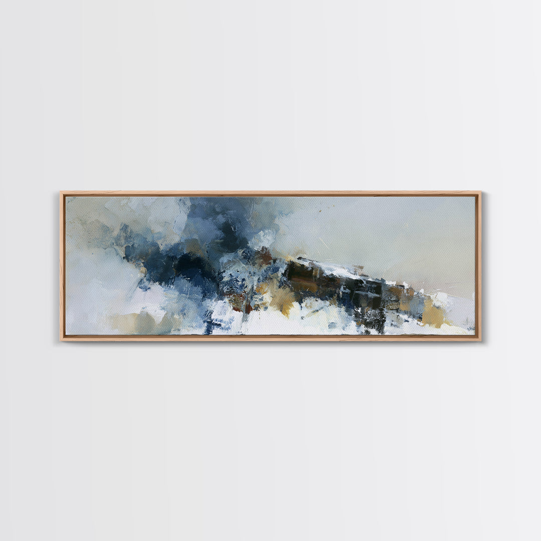 Winter Cabin Smoke Framed Canvas Print, Scandinavian Art, Oil Painting, Living Room Decor, Fine Art, Nordic, Boho Wall Decor, SCA-3x1-10