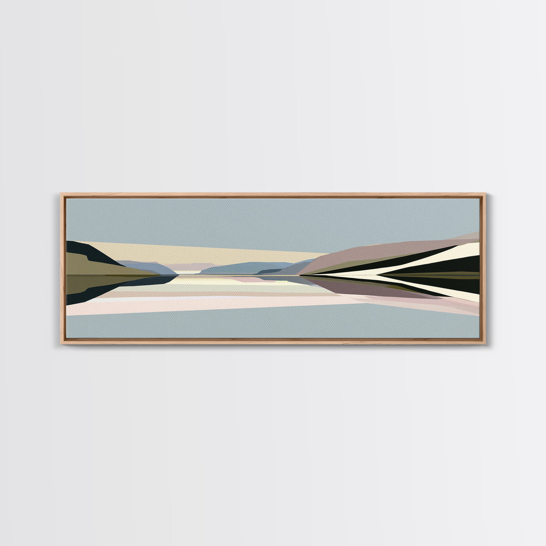 Minimal Fjord Landscape Framed Canvas Print, Scandinavian Art, Living Room Decor, Nordic, Gallery Decor, Neutral Decor, SCA-3x1-18