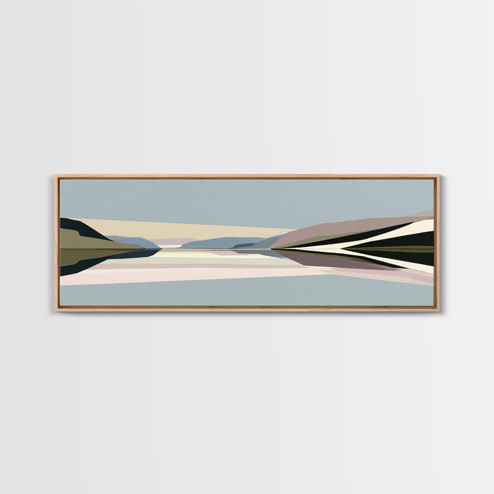 Minimal Fjord Landscape Framed Canvas Print, Scandinavian Art, Living Room Decor, Nordic, Gallery Decor, Neutral Decor, SCA-3x1-18