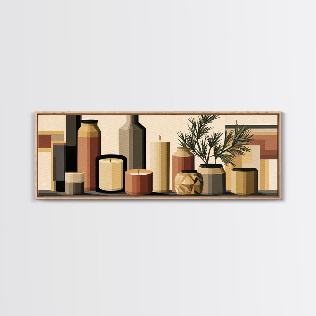 Hygge Candle and Pine Branch Still Life Framed Canvas Print, Scandinavian Art, Fine Art Print, Living Room Decor, SCA-3x1-44