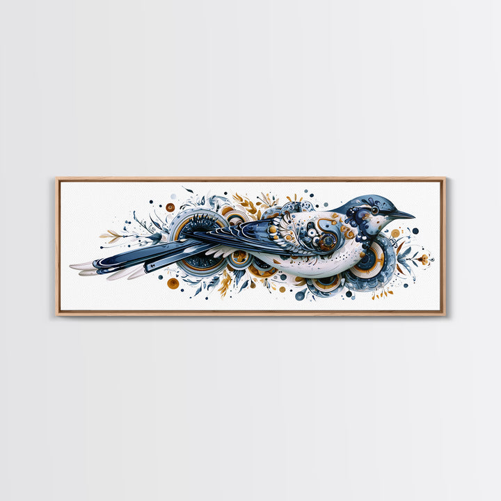 Nordic Folk Bird Framed Canvas Print, Scandinavian Art, Digital Wall Art, Living Room Decor, Fine Art, Nordic, Boho Decor, SCA-3x1-51