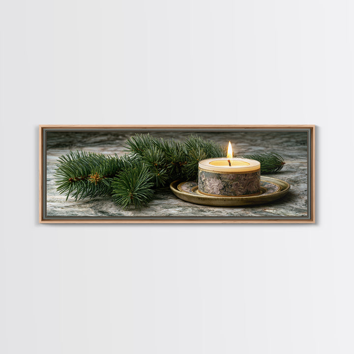 Hygge Candle and Pine Branch Still Life Framed Canvas Print, Scandinavian Art, Wall Decor, Living Room Decor, Fine Art, Nordic, SCA-3x1-68