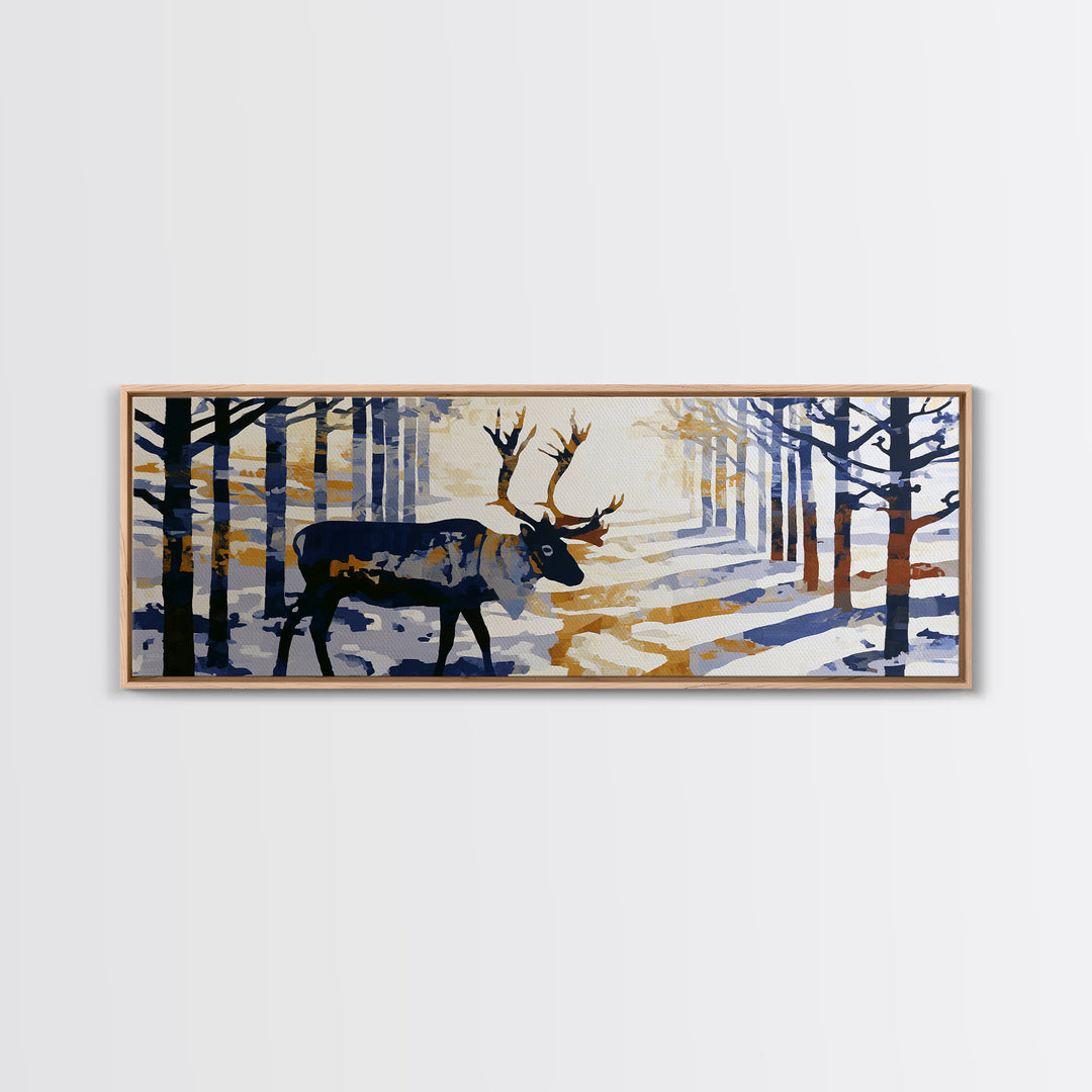 Reindeer Silhouette in Snowy Landscape Canvas Print, Scandinavian Art, Printable, Living Room Decor, Fine Art, Nordic, SCA-3x1-70