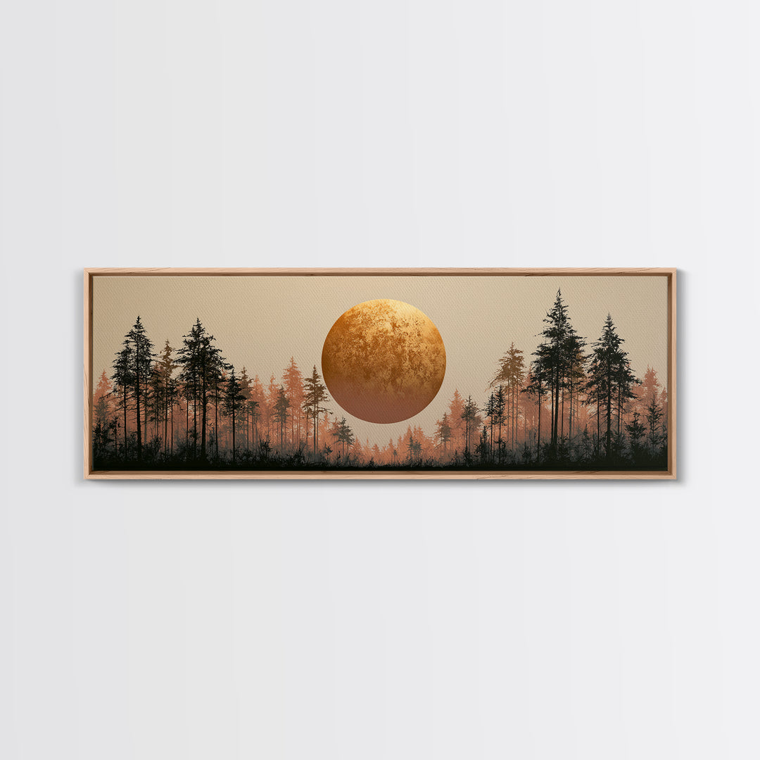 Minimal Sun over Pine Forest Framed Canvas Print, Scandinavian Art, Statement Artwork, Living Room Decor, Fine Art, Nordic, SCA-3x1-81