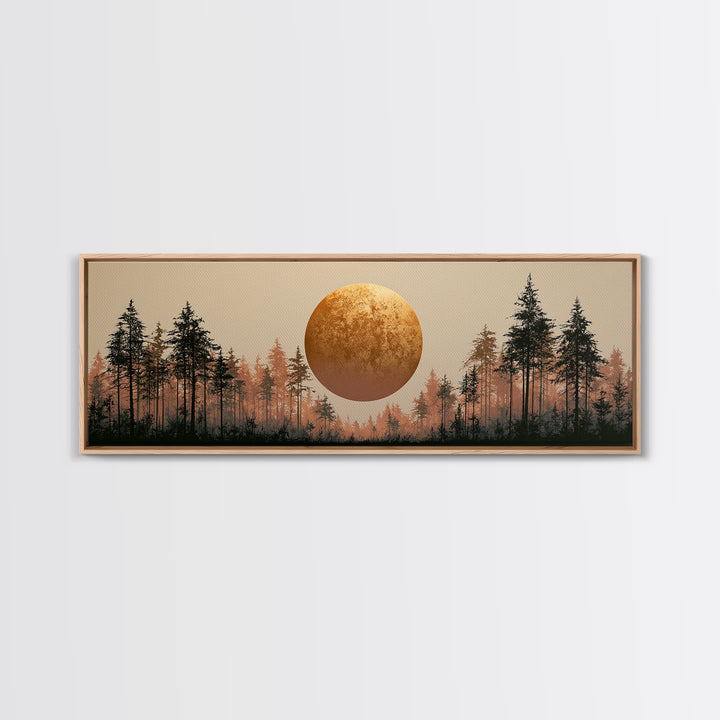 Minimal Sun over Pine Forest Framed Canvas Print, Scandinavian Art, Statement Artwork, Living Room Decor, Fine Art, Nordic, SCA-3x1-81