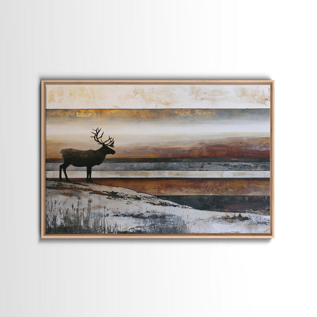 Reindeer Silhouette in Snowy Landscape Framed Canvas Print, Scandinavian Art, Boho Wall Decor, Living Room Decor, Oil Painting, SCA-3x2-10