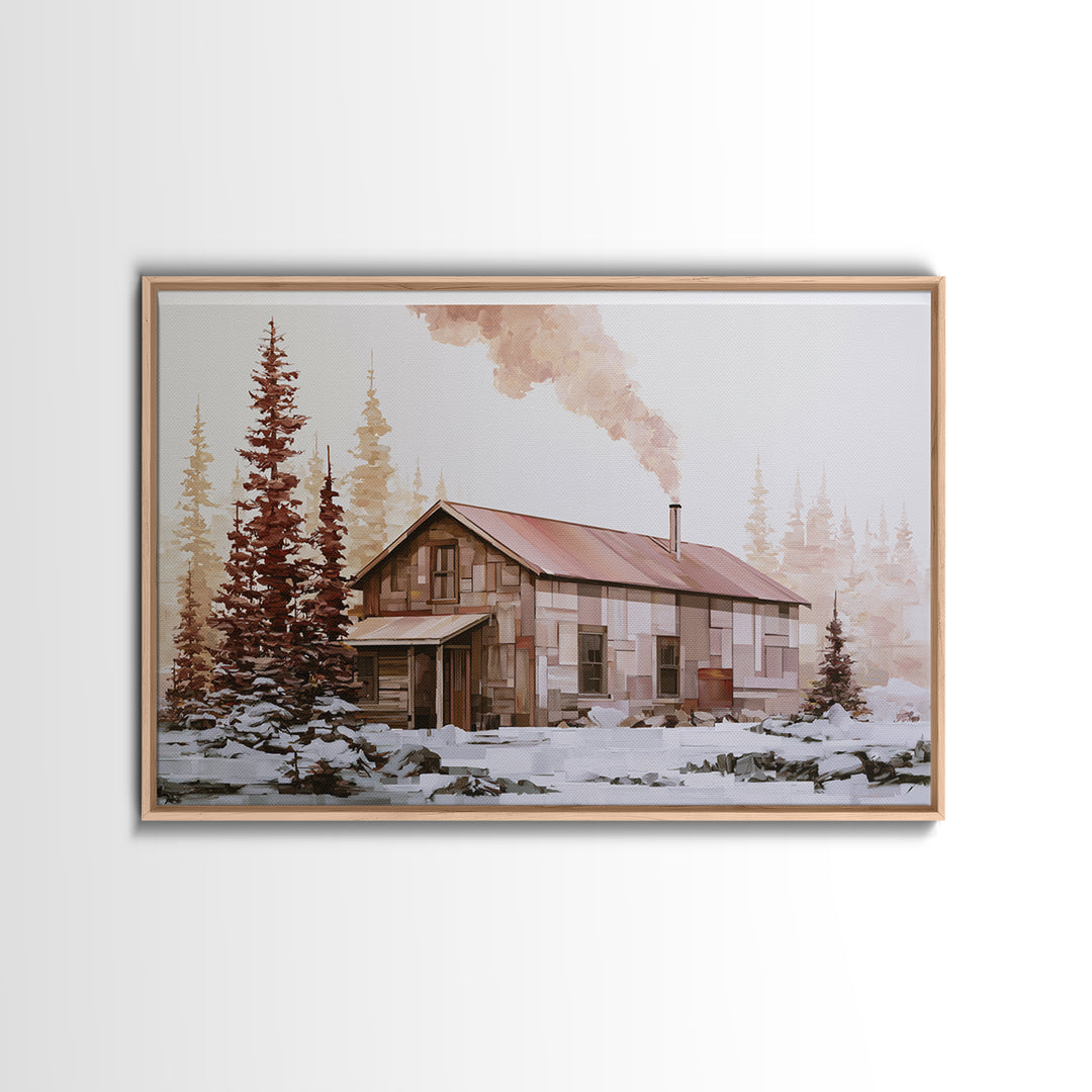 Winter Cabin Smoke Canvas Print, Scandinavian Art, Boho Wall Art, Living Room Decor, Oil Painting, Nordic, Modern Decor, SCA-3x2-22