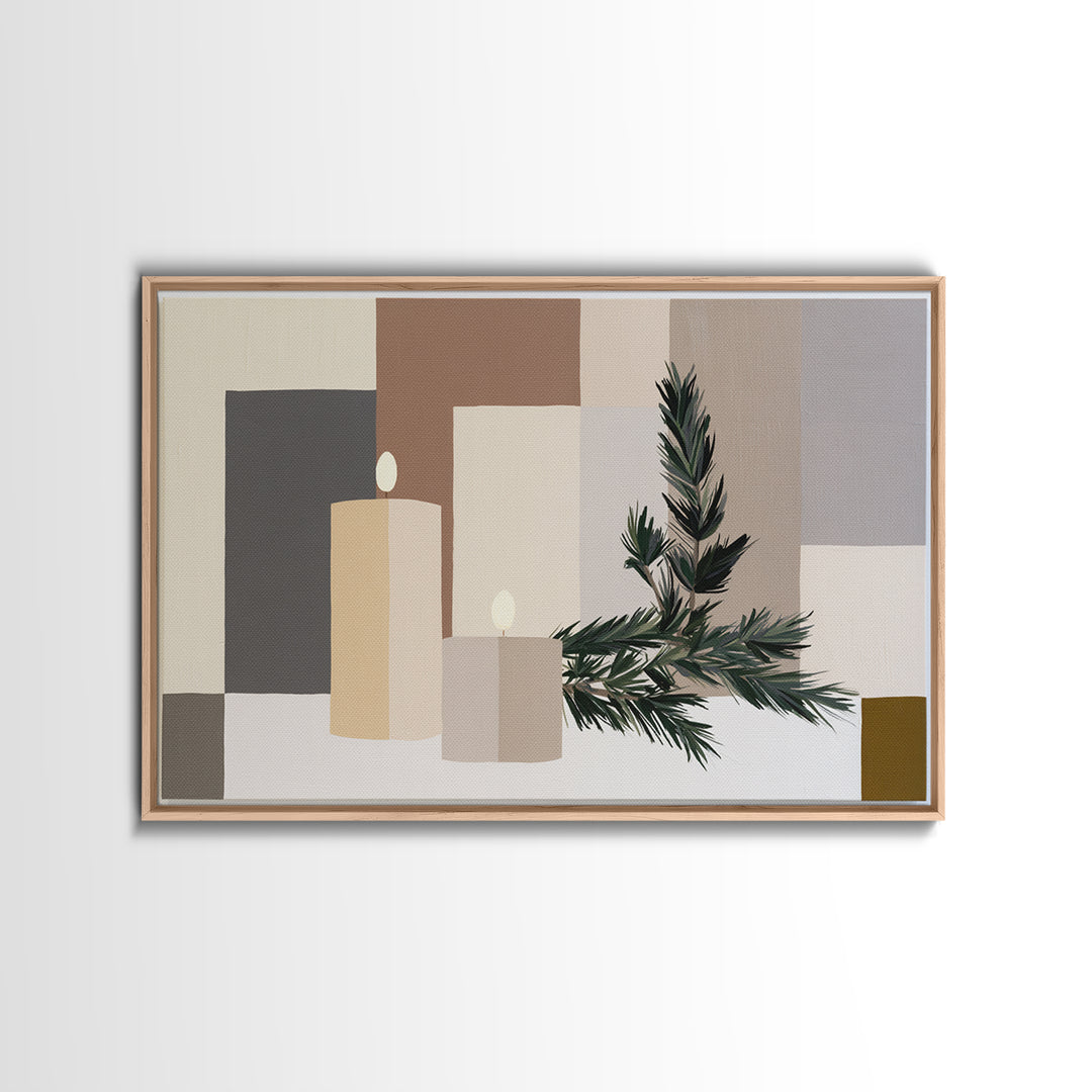 Hygge Candle and Pine Branch Still Life Canvas Print, Scandinavian Art, Luxury Decor, Living Room Decor, Oil Painting, Nordic, SCA-3x2-32
