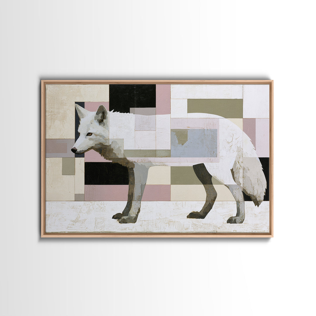White Fox in Quiet Snow Framed Canvas Print, Scandinavian Art, Textured Painting, Living Room Decor, Oil Painting, Nordic, SCA-3x2-40