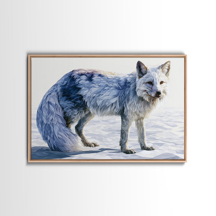 White Fox in Quiet Snow Framed Canvas Print, Scandinavian Art, Mid Century Modern, Living Room Decor, Abstract Art, Nordic, SCA-3x2-64
