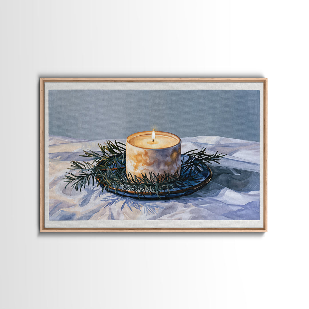 Hygge Candle and Pine Branch Still Life Framed Canvas Print, Scandinavian Art, Gallery Decor, Living Room Decor, Nordic, SCA-3x2-8