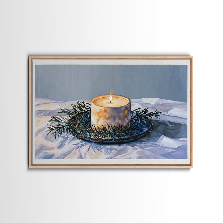 Hygge Candle and Pine Branch Still Life Framed Canvas Print, Scandinavian Art, Gallery Decor, Living Room Decor, Nordic, SCA-3x2-8