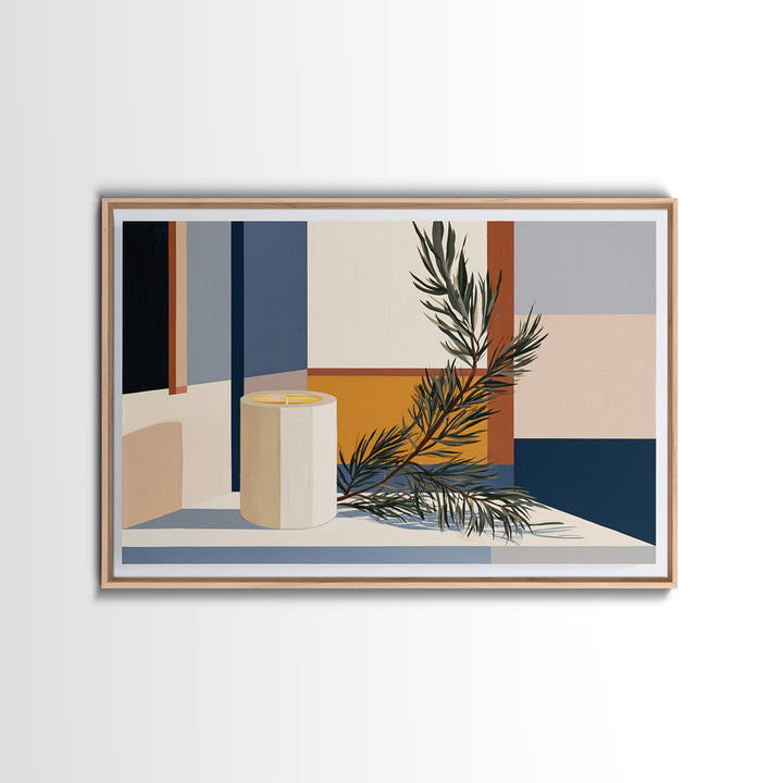 Hygge Candle and Pine Branch Still Life Framed Canvas Print, Scandinavian Art, Digital Wall Art, Living Room Decor, Nordic, SCA-3x2-80