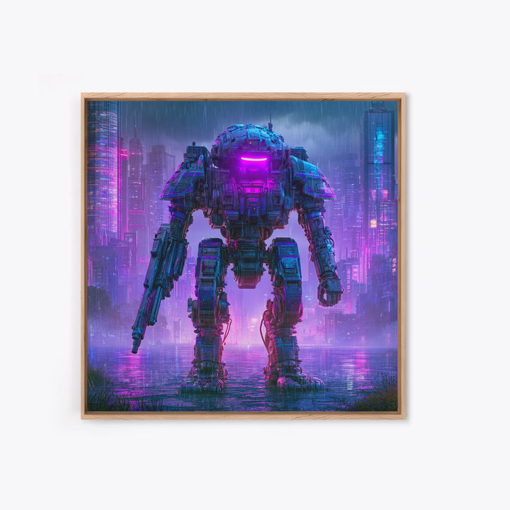 Mech Silhouette in Rainy Neon City Canvas Print, Scifi Art, Retro Wall Art, Living Room Decor, Oil Painting, Orbit, Fantasy Art, SCI-1x1-15