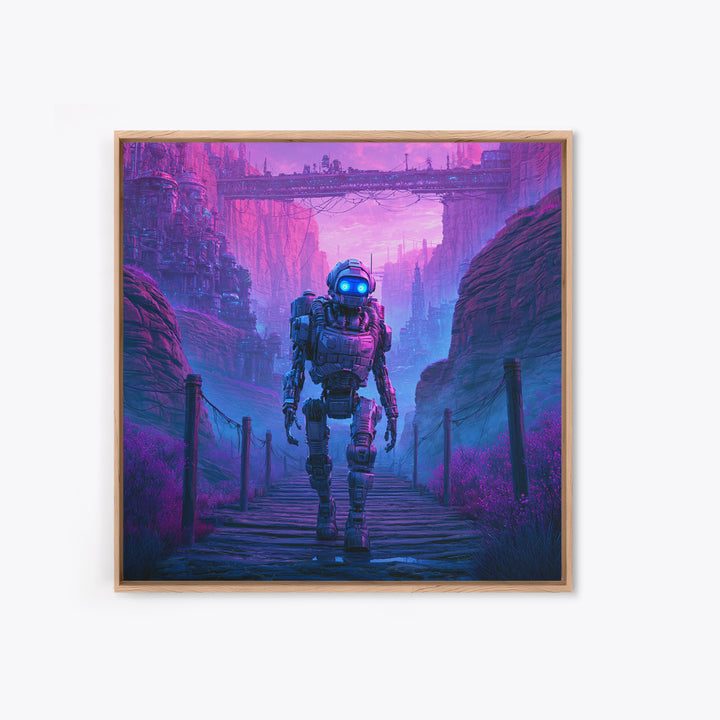 Robot Companion Crossing a Red Canyon Framed Canvas Print, Scifi Art, Decor, Living Room Decor, Orbit, Mid Century Art, SCI-1x1-28