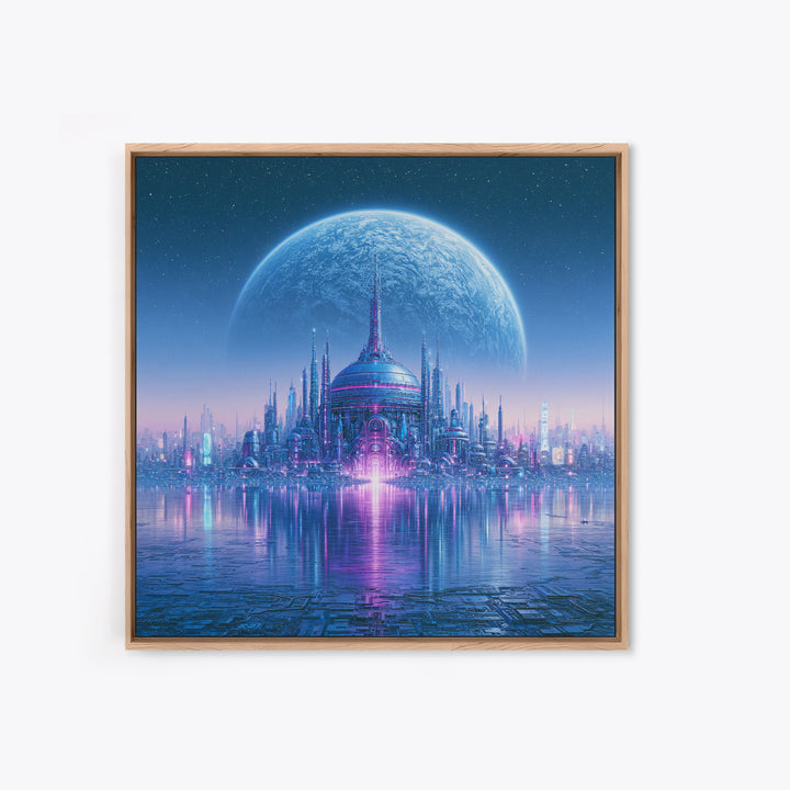 Moon Colony Beneath Earth Rise Framed Canvas Print, Scifi Art, Weird Art, Living Room Decor, Abstract Art, Orbit, Art Print, SCI-1x1-42