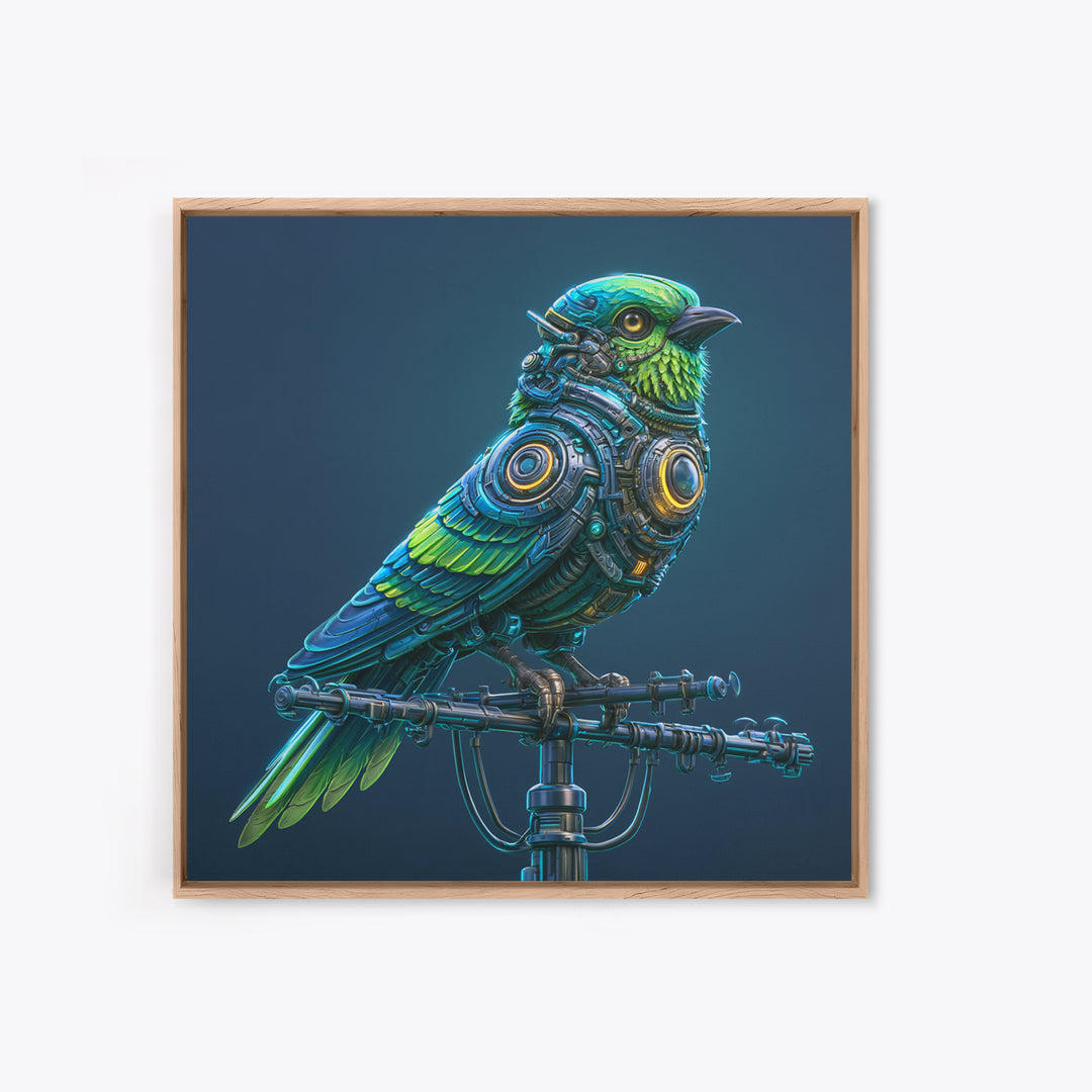 Robot Bird Perched on Antenna Framed Canvas Print, Scifi Art, Modern Art, Living Room Decor, Orbit, Retro Futurism Art, SCI-1x1-47