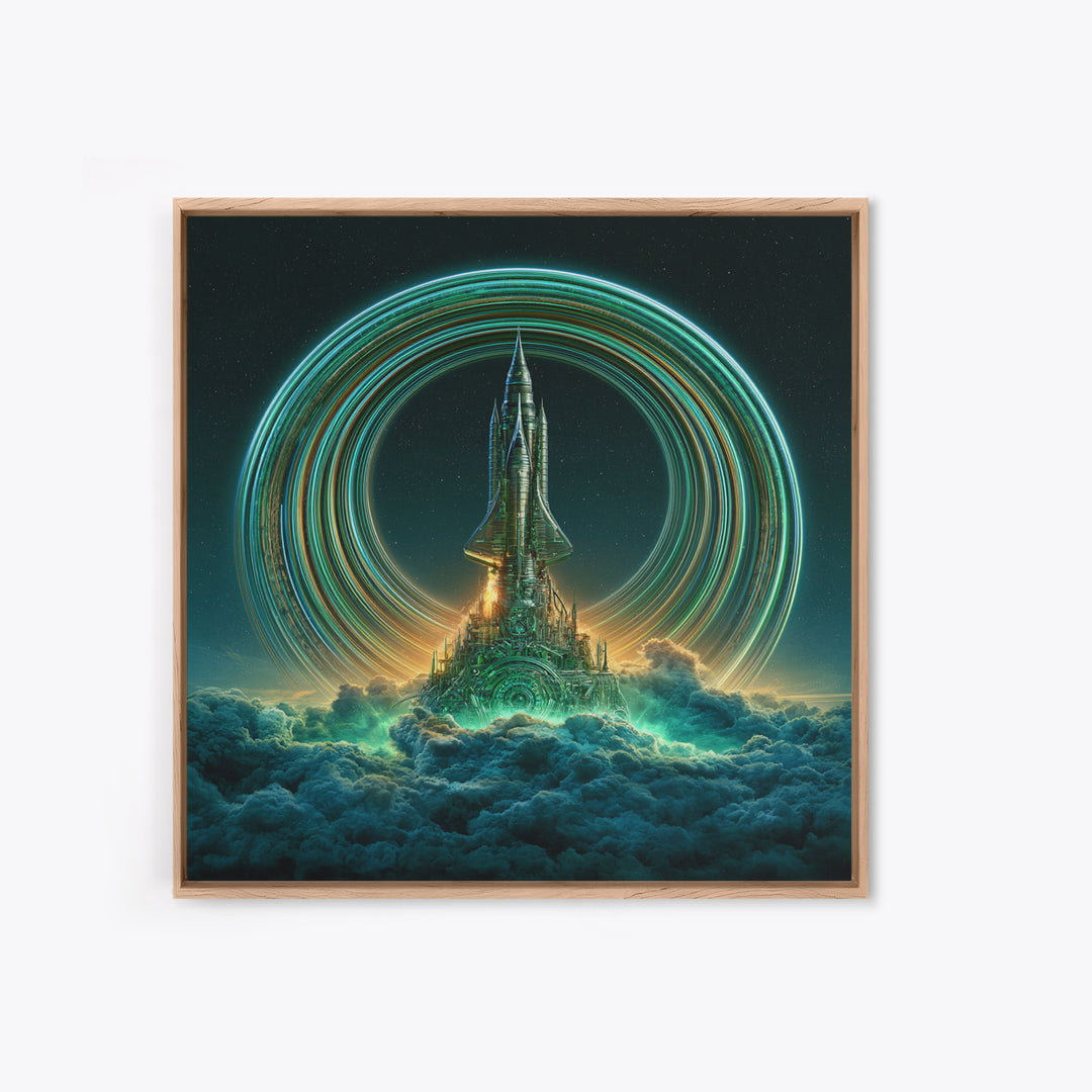 Retro Rocket Launching Through Cloud Rings Framed Canvas Print, Scifi Art, Boho Decor, Living Room Decor, Oil Painting, Orbit, SCI-1x1-79