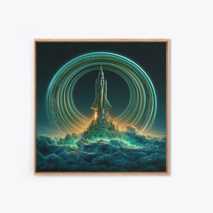 Retro Rocket Launching Through Cloud Rings Framed Canvas Print, Scifi Art, Boho Decor, Living Room Decor, Oil Painting, Orbit, SCI-1x1-79