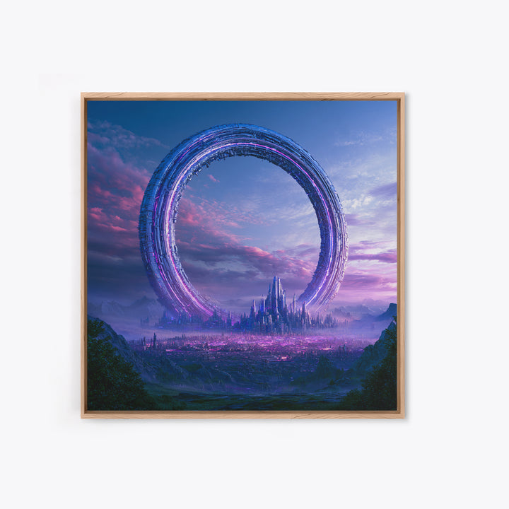 Giant Ring World Seen from a Valley Framed Canvas Print, Scifi Art, Fine Art Print, Living Room Decor, Fine Art, Orbit, SCI-1x1-80