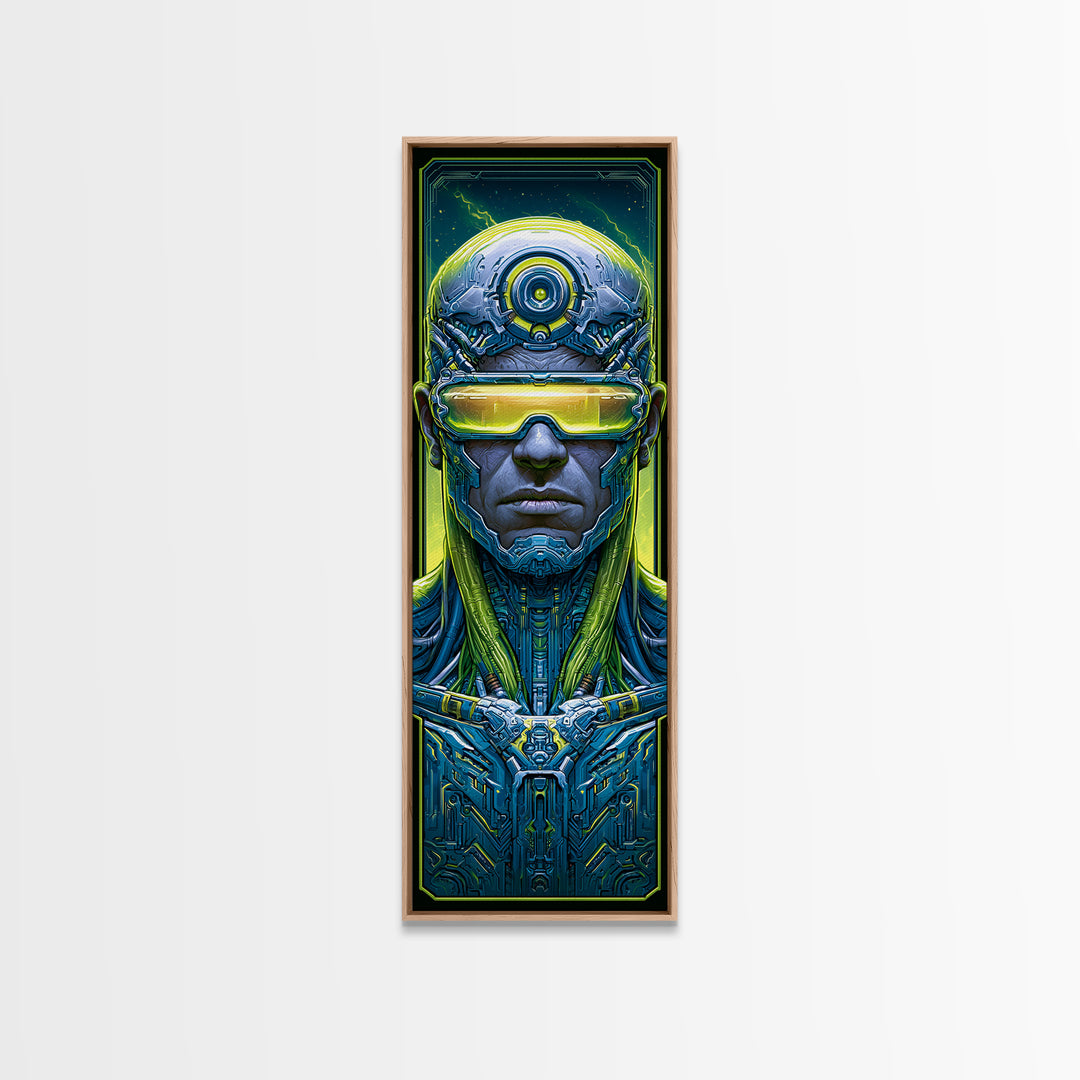 Cyborg Portrait with Reflective Visor Framed Canvas Print, Scifi Art, Wall Art, Living Room Decor, Oil Painting, Orbit, SCI-1x3-45