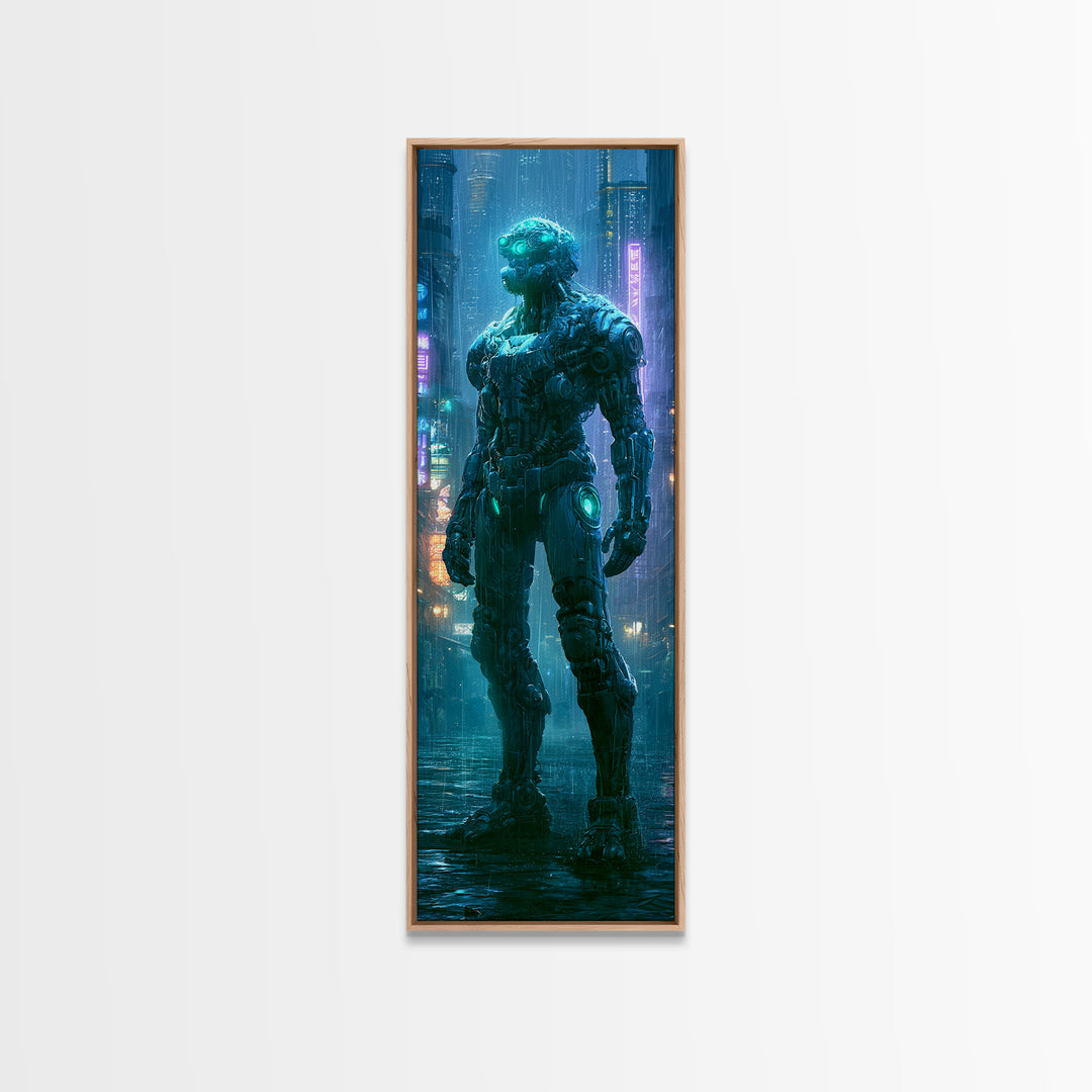 Mech Silhouette in Rainy Neon City Canvas Print, Scifi Art, Weird Art, Living Room Decor, Abstract Art, Orbit, Art Print, SCI-1x3-51