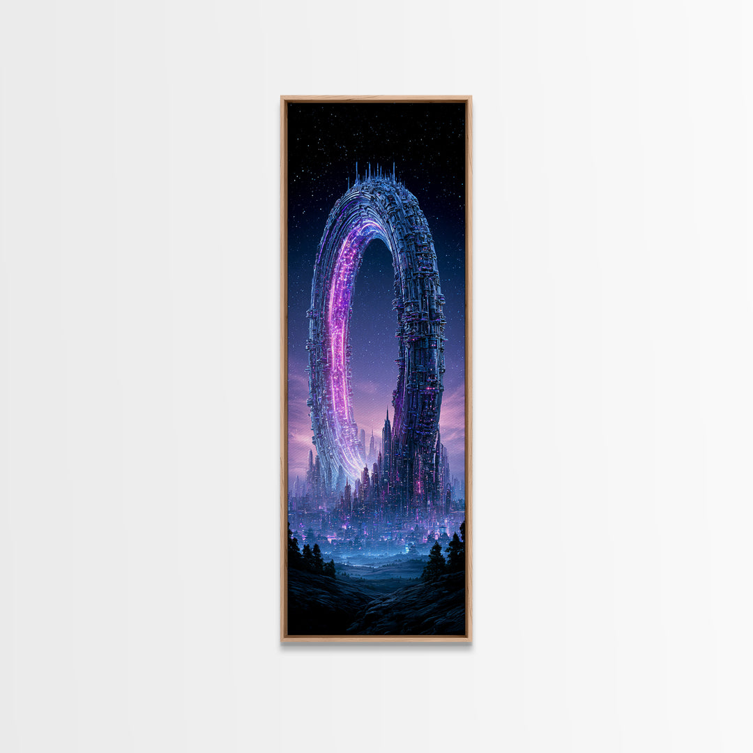 Giant Ring World Seen from a Valley Canvas Print, Scifi Art, Mid Century Art, Living Room Decor, Fine Art, Orbit, Neutral Decor, SCI-1x3-68