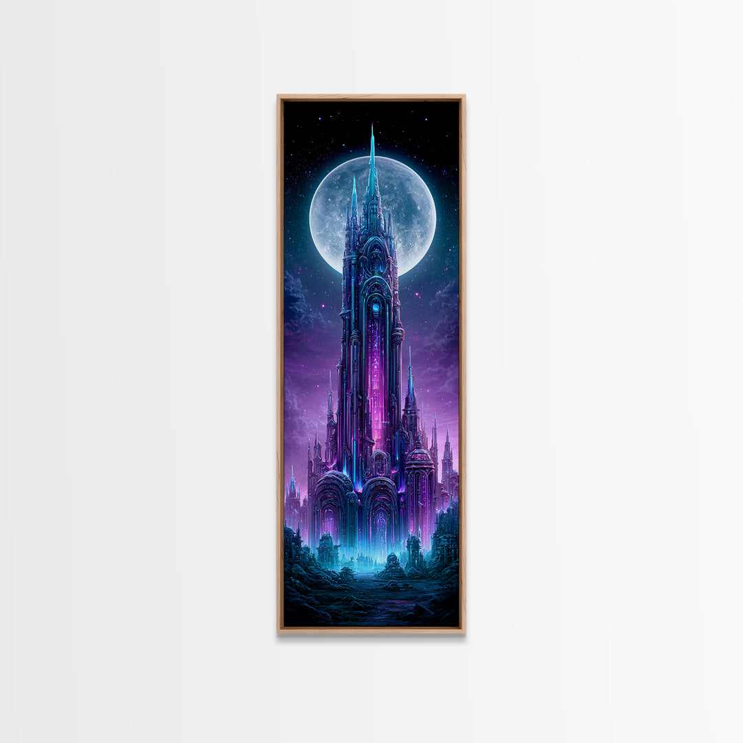 Futuristic City on a Moonlit World Framed Canvas Print, Scifi Art, Statement Artwork, Living Room Decor, Fine Art, Orbit, SCI-1x3-87