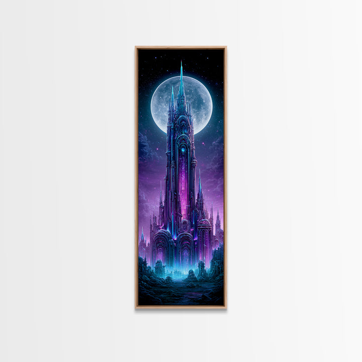 Futuristic City on a Moonlit World Framed Canvas Print, Scifi Art, Statement Artwork, Living Room Decor, Fine Art, Orbit, SCI-1x3-87