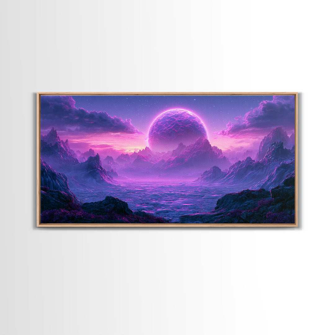 Planetary Sunrise over Ice Cliffs Framed Canvas Print, Scifi Art, Art Print, Living Room Decor, Fine Art, Orbit, Digital Art, SCI-2x1-18