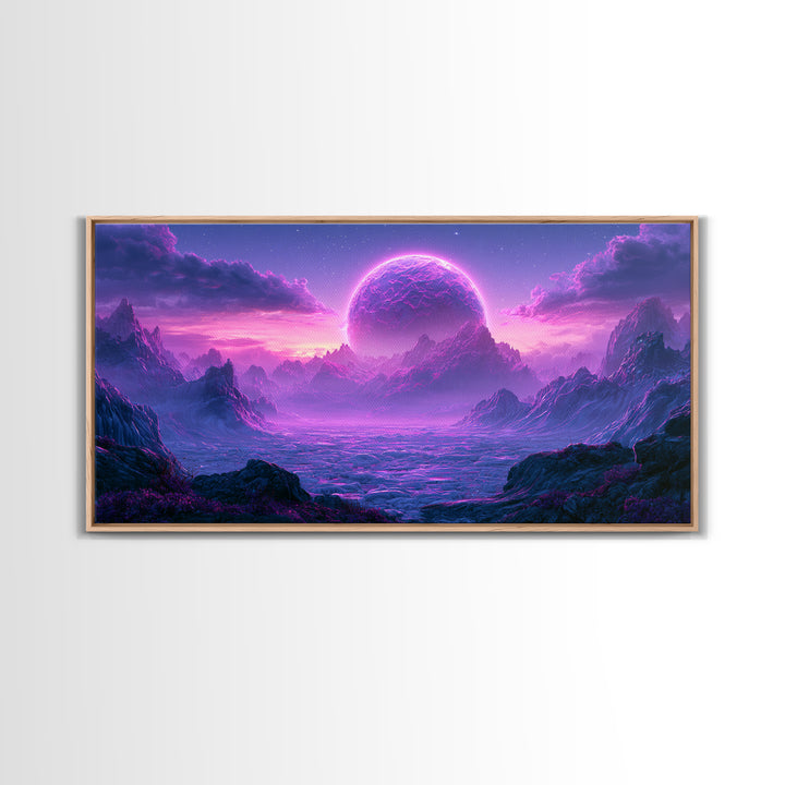 Planetary Sunrise over Ice Cliffs Framed Canvas Print, Scifi Art, Art Print, Living Room Decor, Fine Art, Orbit, Digital Art, SCI-2x1-18