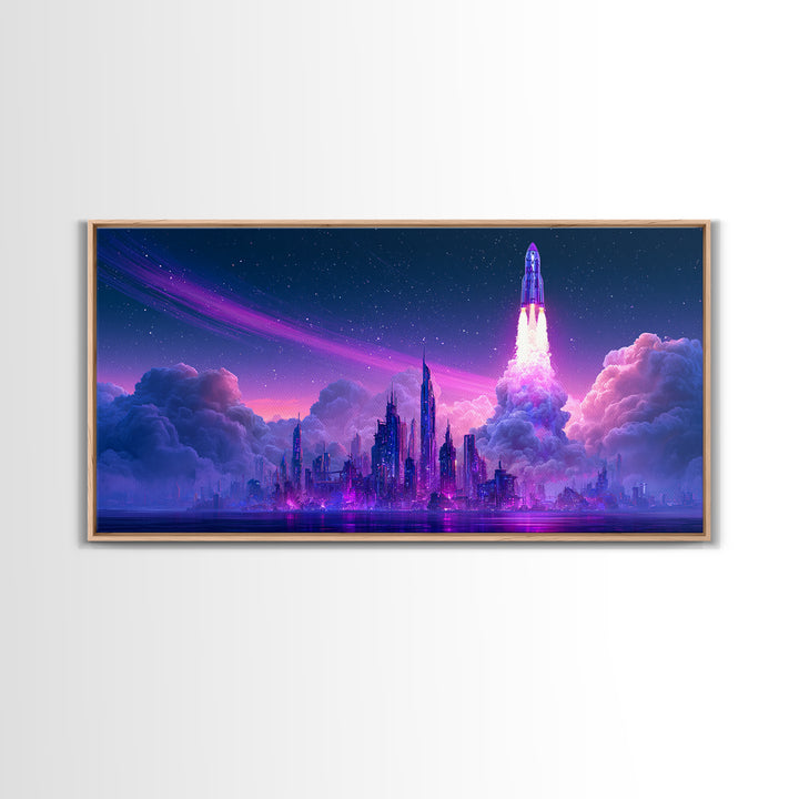Retro Rocket Launching Through Cloud Rings Framed Canvas Print, Scifi Art, Boho Decor, Living Room Decor, Oil Painting, Orbit, SCI-2x1-27
