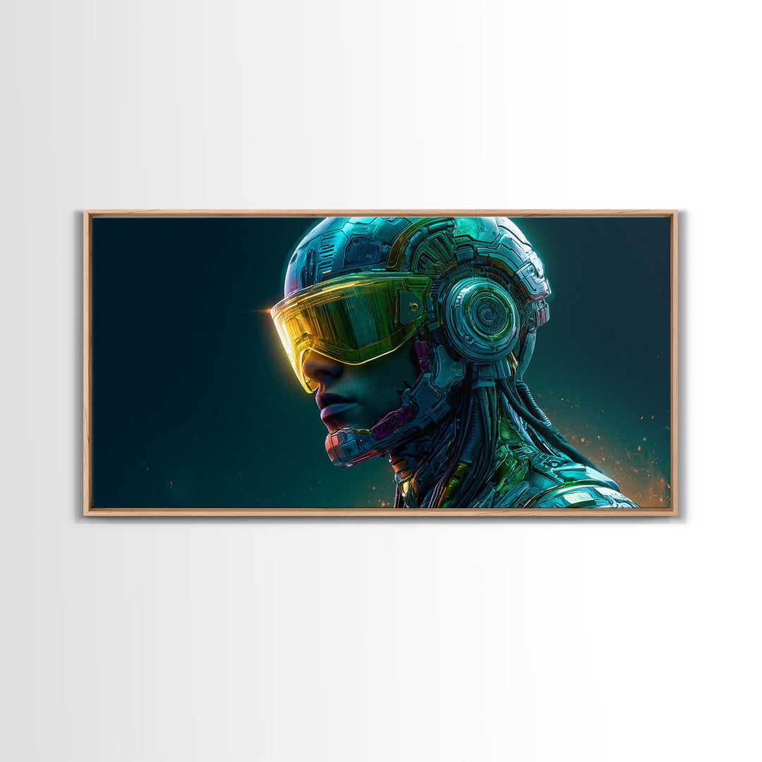 Cyborg Portrait with Reflective Visor Framed Canvas Print, Scifi Art, Original Art, Living Room Decor, Fine Art, Orbit, SCI-2x1-29
