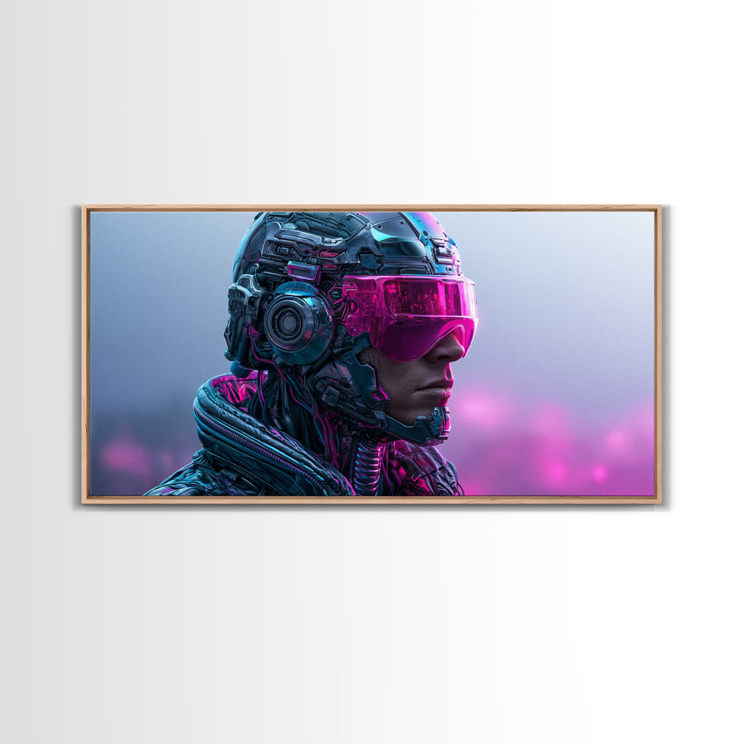 Cyborg Portrait with Reflective Visor Framed Canvas Print, Scifi Art, Original Art, Living Room Decor, Fine Art, Orbit, SCI-2x1-5
