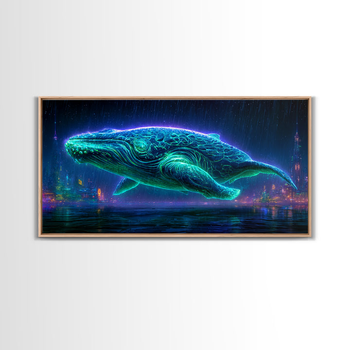 Cosmic Whale Swimming Through Deep Space Framed Canvas Print, Scifi Art, Decor, Living Room Decor, Oil Painting, Orbit, SCI-2x1-60