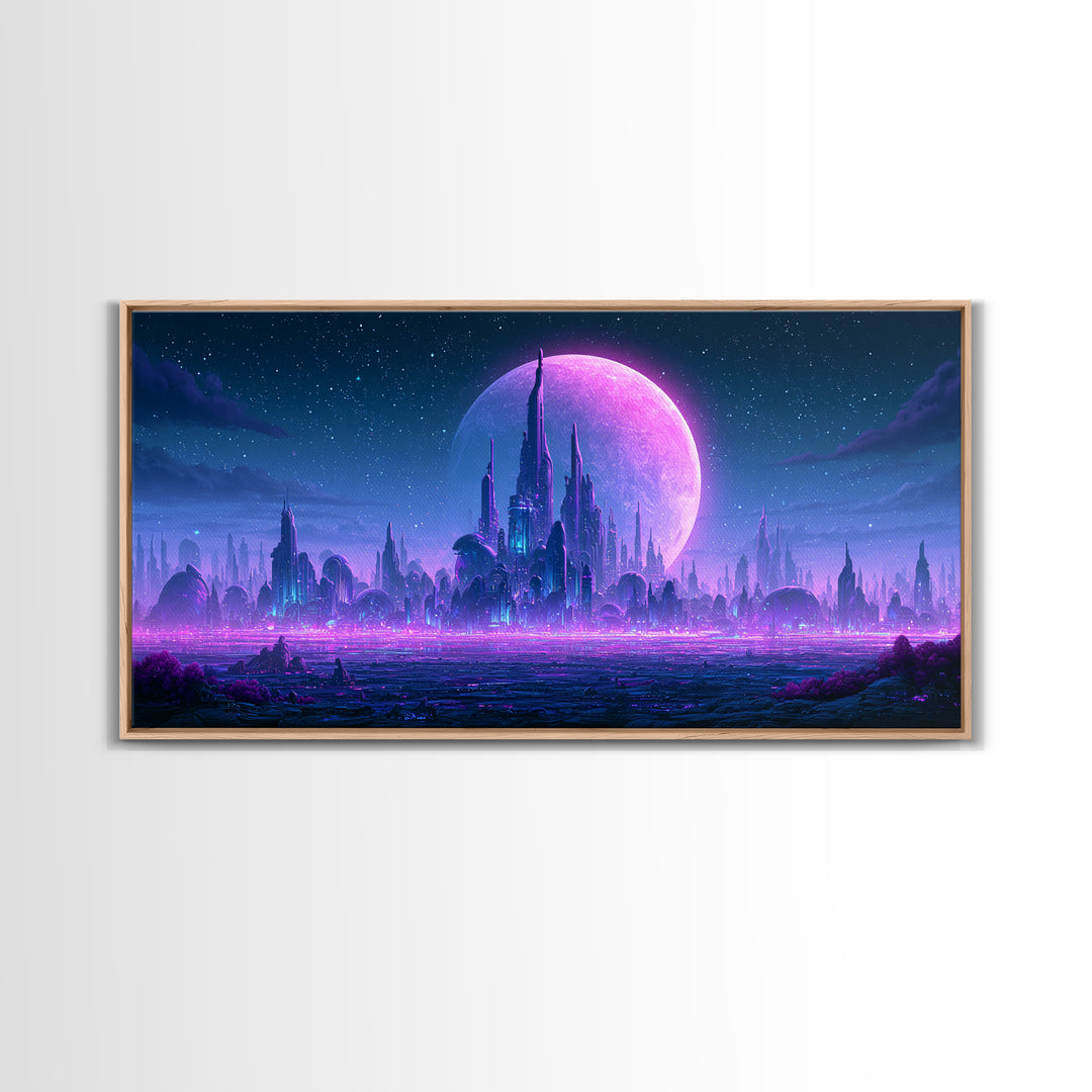 Futuristic City on a Moonlit World Canvas Print, Scifi Art, Weird Art, Living Room Decor, Abstract Art, Orbit, Art Print, SCI-2x1-71