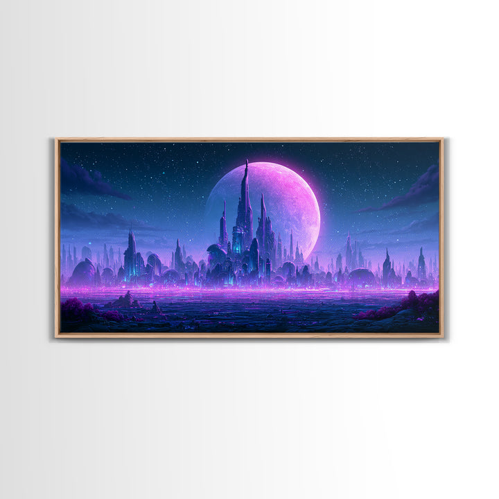 Futuristic City on a Moonlit World Canvas Print, Scifi Art, Weird Art, Living Room Decor, Abstract Art, Orbit, Art Print, SCI-2x1-71