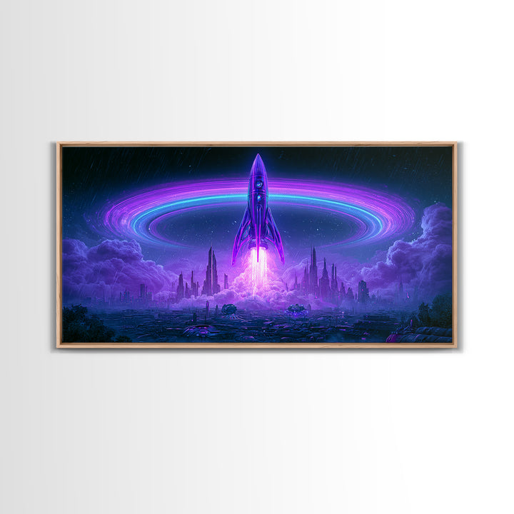 Retro Rocket Launching Through Cloud Rings Framed Canvas Print, Scifi Art, Art Print, Living Room Decor, Fine Art, Orbit, SCI-2x1-75