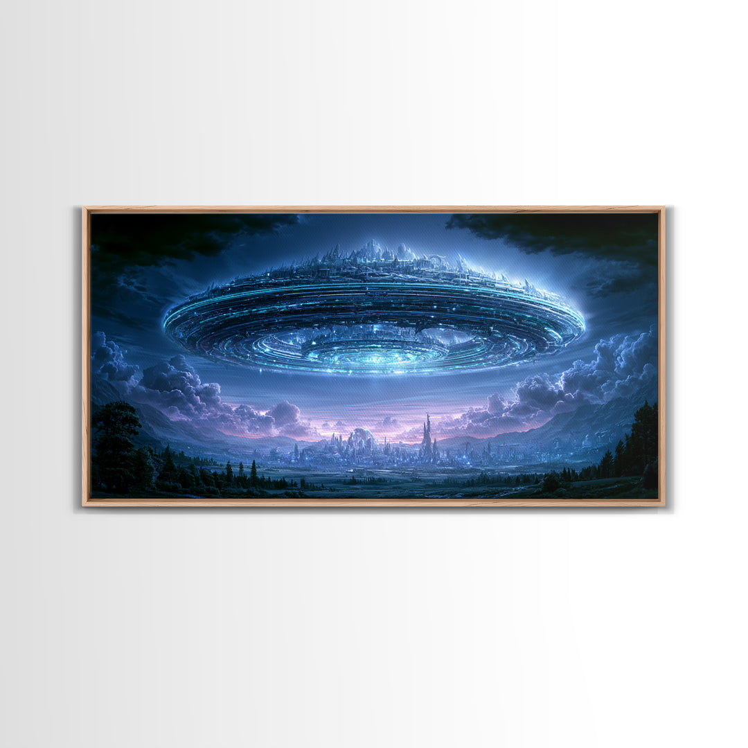 Giant Ring World Seen from a Valley Canvas Print, Scifi Art, Modern Art, Living Room Decor, Fine Art, Orbit, Retro Futurism Art, SCI-2x1-76