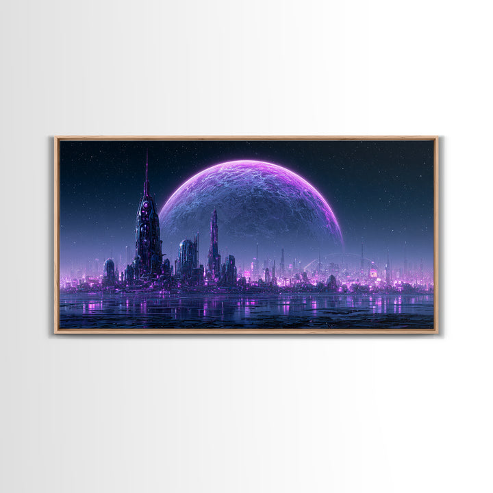 Moon Colony Beneath Earth Rise Framed Canvas Print, Scifi Art, Posters, Living Room Decor, Orbit, Pop Art, Mid Century Art, SCI-2x1-86