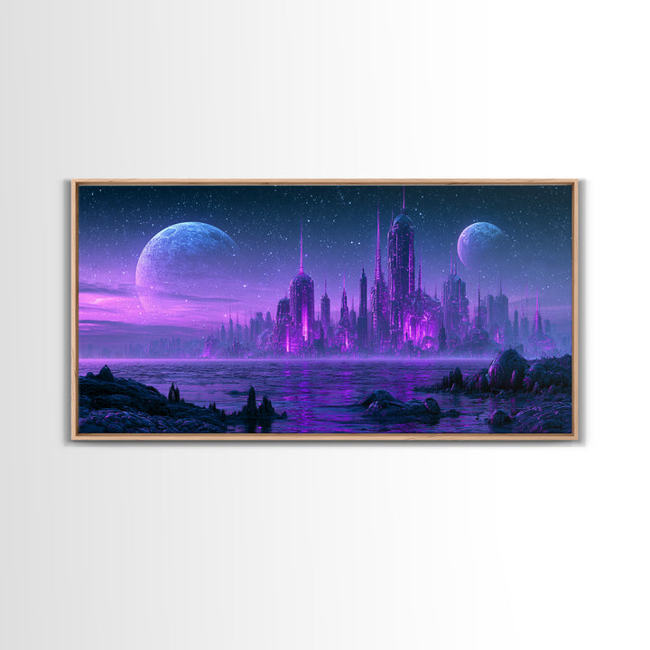 Alien Ocean with Two Moons Framed Canvas Print, Scifi Art, Art, Living Room Decor, Fine Art, Orbit, Modern Art, Living Room Art, SCI-2x1-9