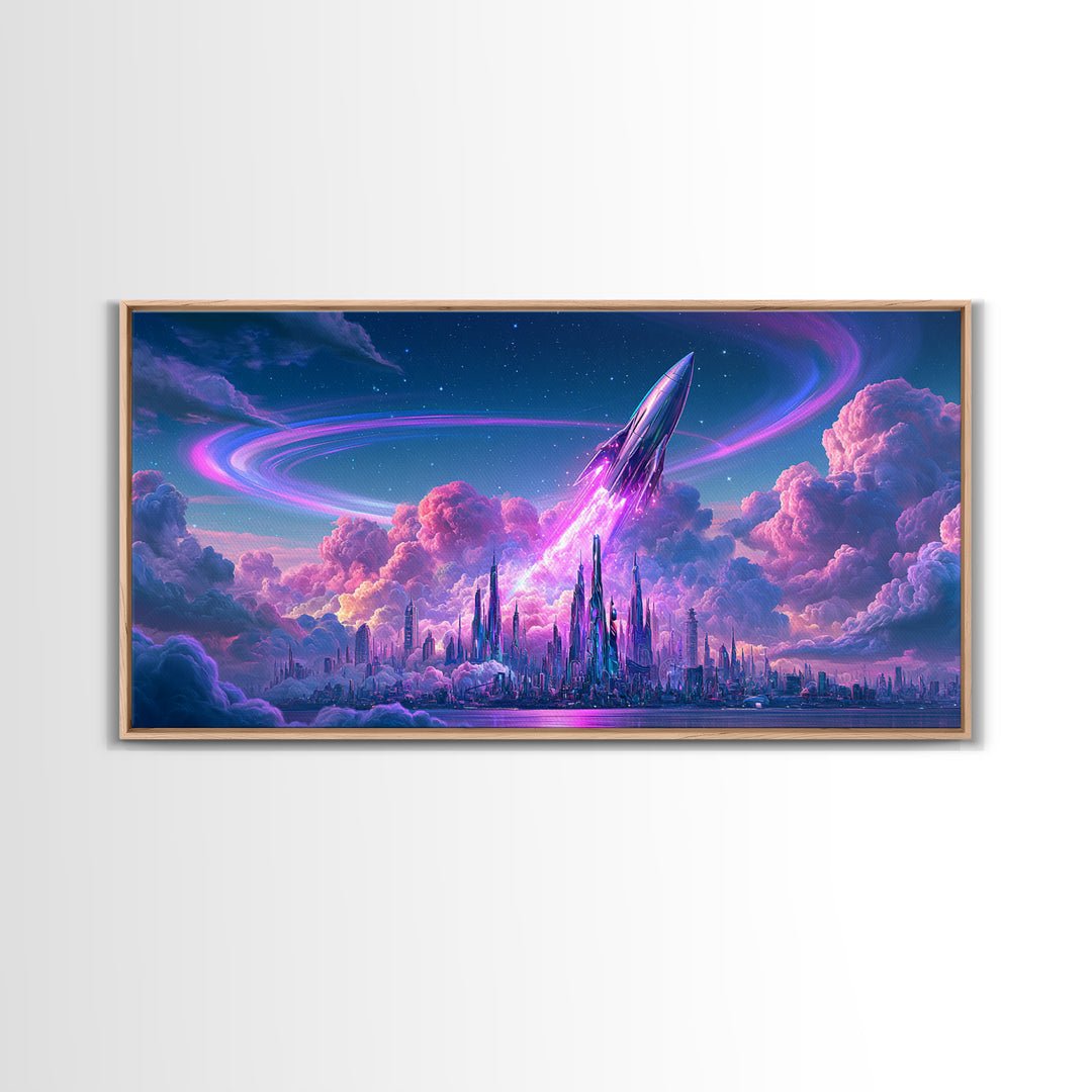 Retro Rocket Launching Through Cloud Rings Framed Canvas Print, Scifi Art, Pop Art, Living Room Decor, Fine Art, Orbit, SCI-2x1-99