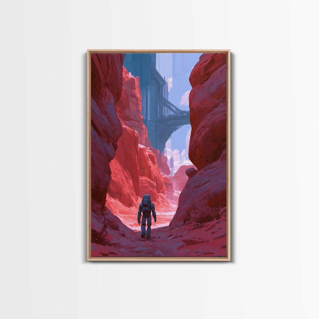 Robot Companion Crossing a Red Canyon Framed Canvas Print, Scifi Art, Decor, Living Room Decor, Orbit, Mid Century Art, SCI-2x3-12