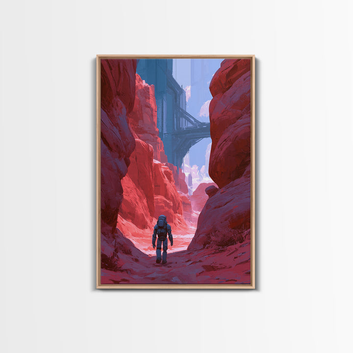 Robot Companion Crossing a Red Canyon Framed Canvas Print, Scifi Art, Decor, Living Room Decor, Orbit, Mid Century Art, SCI-2x3-12
