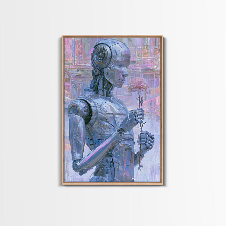 Silver Android Holding a Flower Framed Canvas Print, Scifi Art, Poster, Living Room Decor, Fine Art, Orbit, Retro Wall Art, SCI-2x3-46