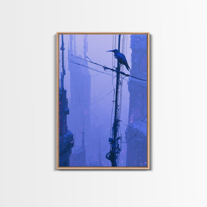 Robot Bird Perched on Antenna Framed Canvas Print, Scifi Art, Digital Art, Living Room Decor, Fine Art, Orbit, Steampunk Decor, SCI-2x3-55