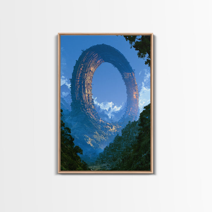 Giant Ring World Seen from a Valley Framed Canvas Print, Scifi Art, Wall Decor, Living Room Decor, Orbit, Living Room Art, SCI-2x3-64
