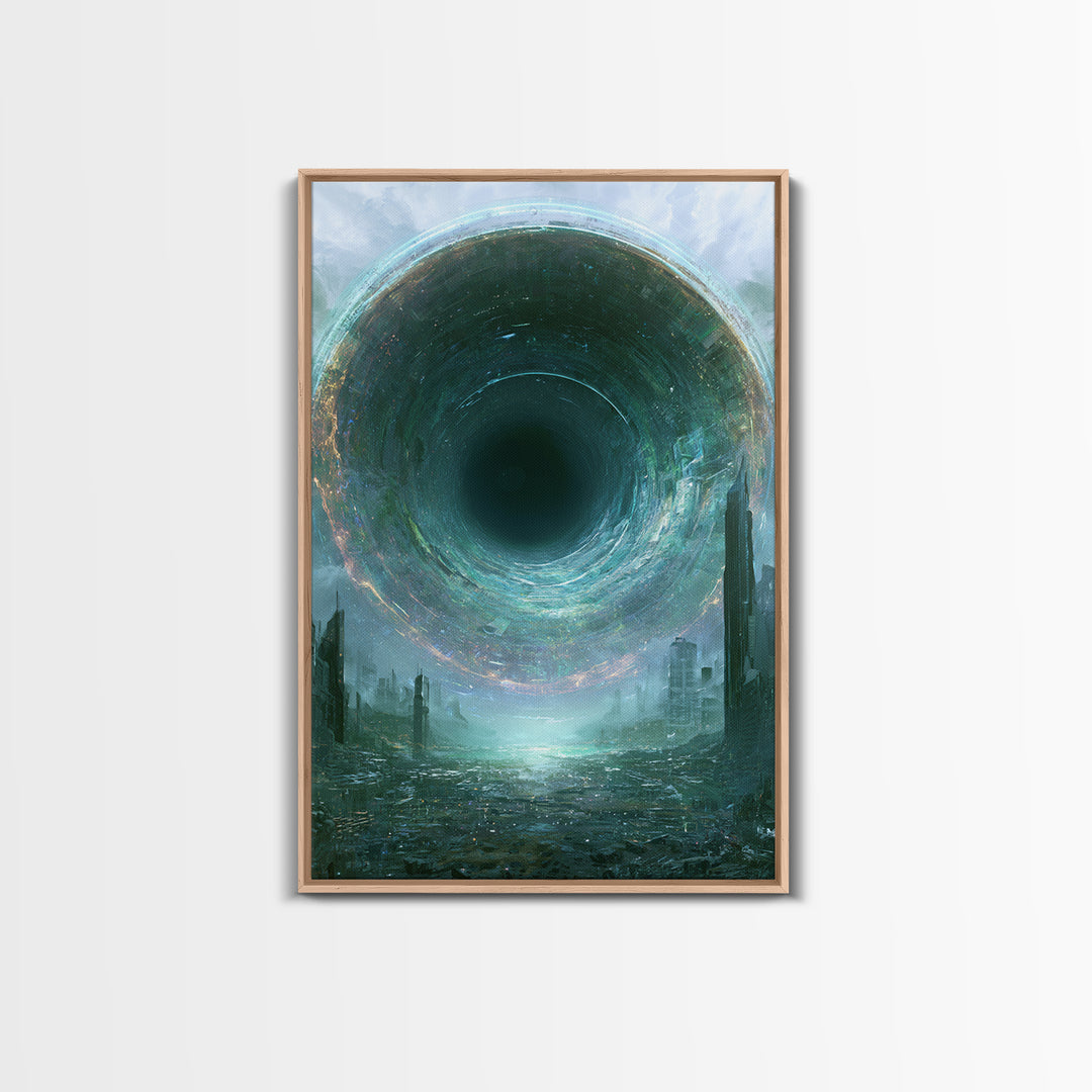 Wormhole Opening over Barren Landscape Framed Canvas Print, Scifi Art, Mid Century Art, Living Room Decor, Fine Art, Orbit, SCI-2x3-73
