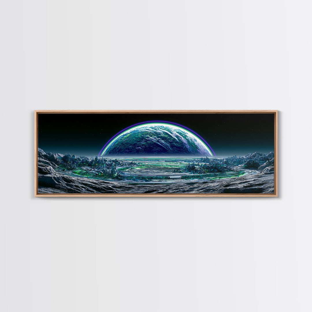 Moon Colony Beneath Earth Rise Framed Canvas Print, Scifi Art, Posters, Living Room Decor, Orbit, Pop Art, Mid Century Art, SCI-3x1-10