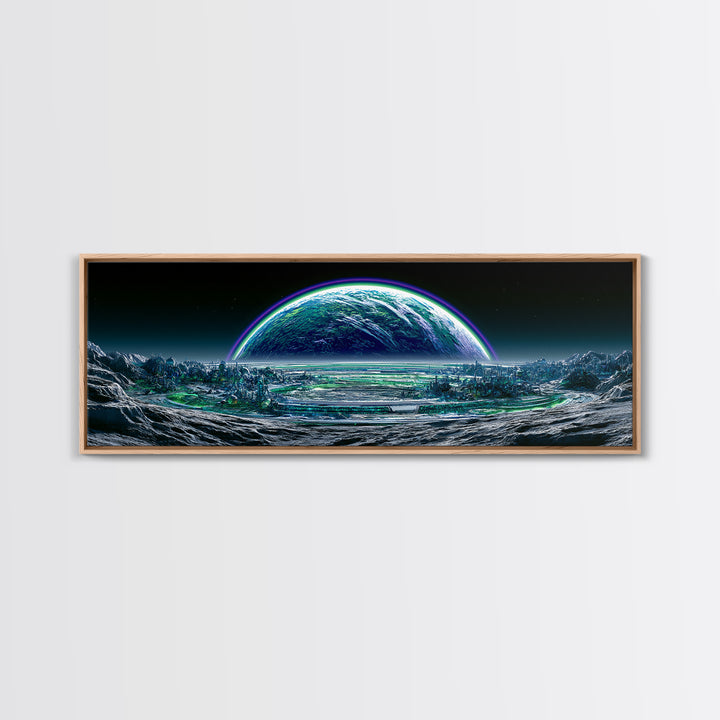 Moon Colony Beneath Earth Rise Framed Canvas Print, Scifi Art, Posters, Living Room Decor, Orbit, Pop Art, Mid Century Art, SCI-3x1-10